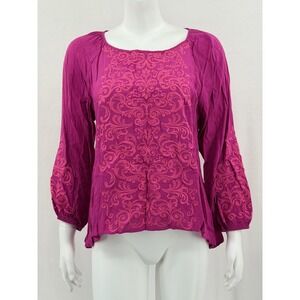 Savanna Jane Top Womens Large Purple Embroidered Boho Peasant Flowy Long Sleeve